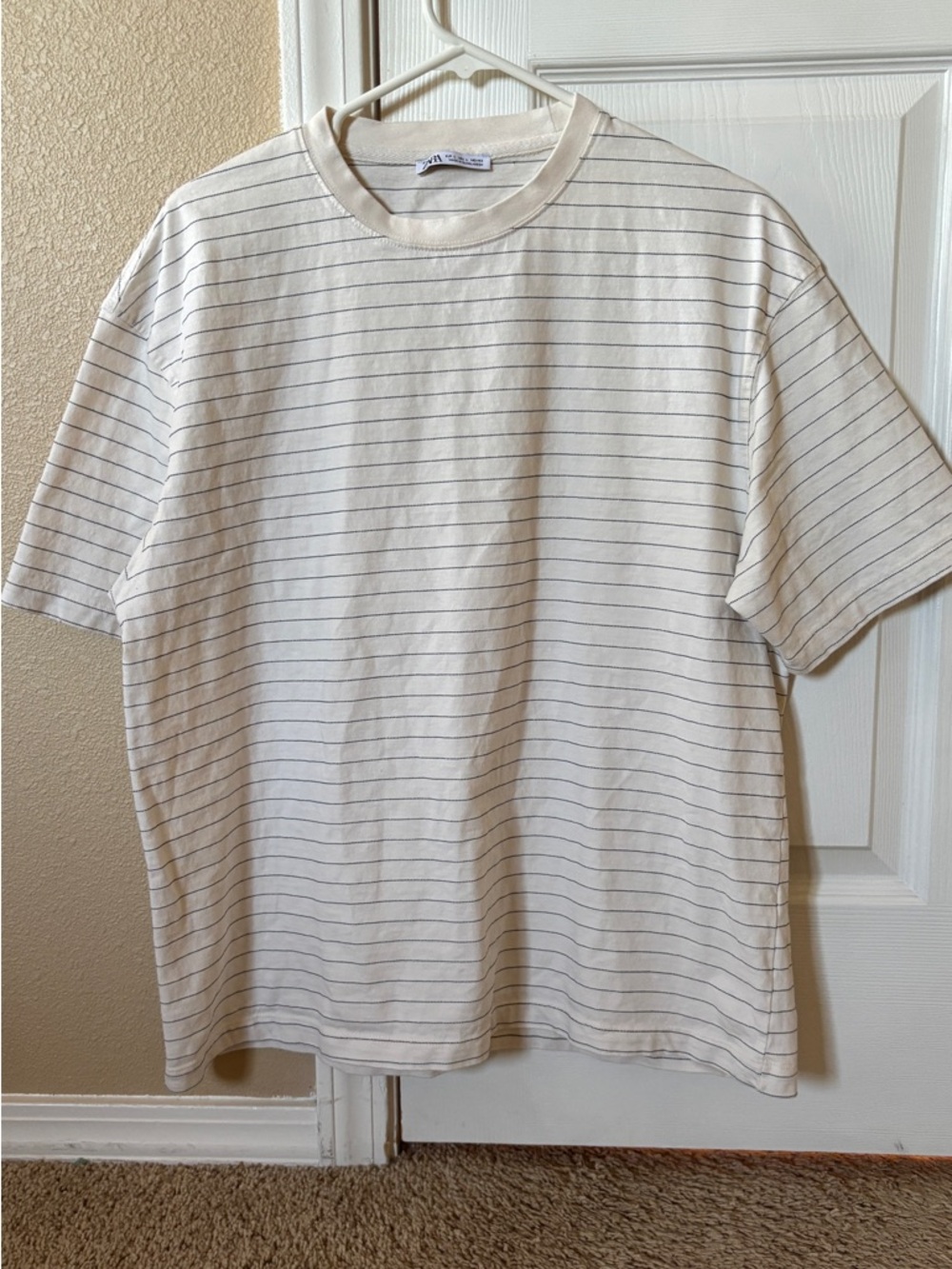 Zara Cream Crewneck Tee with Thin Black Stripes